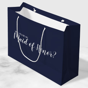 Maid of Honour Proposal Modern Script Navy Blue Large Gift Bag