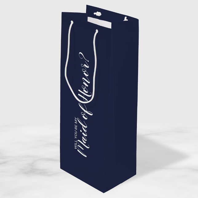 Maid of Honour Proposal Modern Script Navy Blue Wine Gift Bag (Creator Uploaded)