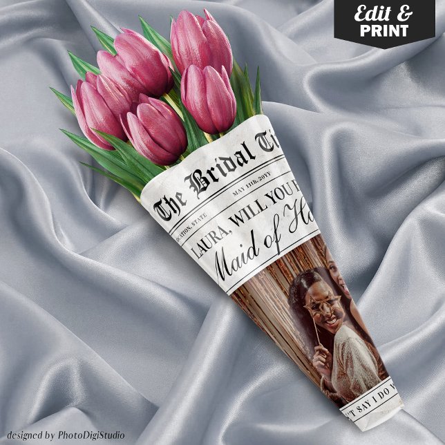 Maid of Honour Proposal Newspaper Flower Bouquet Wrapping Paper Sheet (Editable Maid of Honor Proposal Newspaper Flower Bouquet Wrapping Paper Sheets)