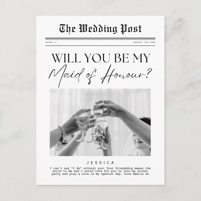 Maid of Honour Proposal, UK Customisable Newspaper Postcard (Front)