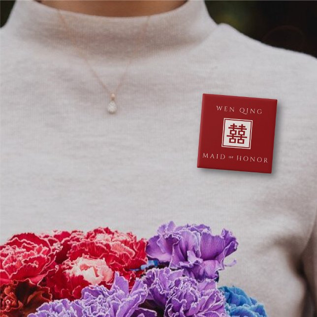 Maid of Honour Red Square Double Happiness Wedding 15 Cm Square Badge (MAID OF HONOR Red/Ivory White Classic Square Double Happiness Wedding Button @ fatfatin_red_knot)