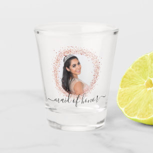 Maid of honour rose gold photo glitter name script shot glass