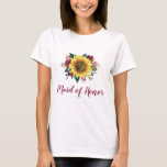 Maid of Honour Rustic Floral Sunflower Wedding T-Shirt<br><div class="desc">This maid of honour t-shirt features  a watercolor floral design with a sunflower and burgundy roses. Personalise it with your own text. Matching products are available. Please visit our store or view our collection pages to see the full range.</div>