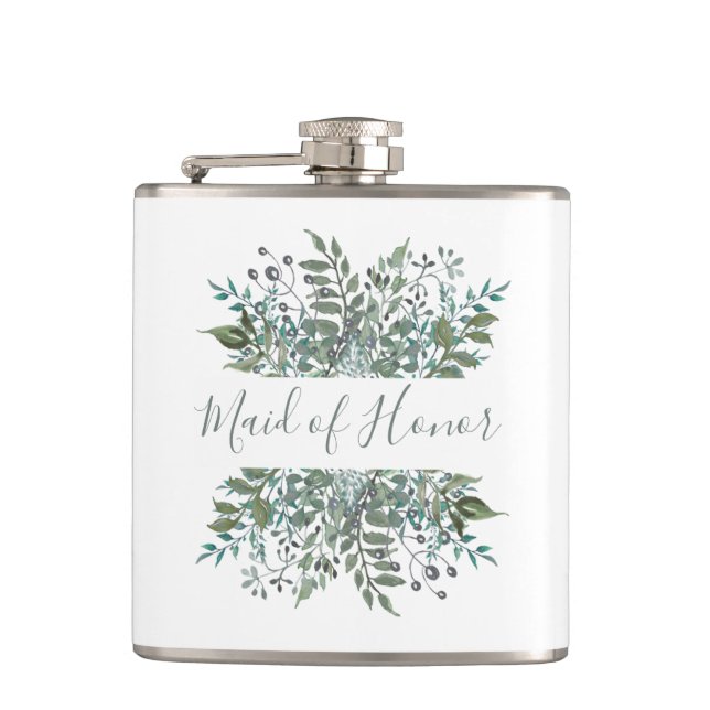 Maid of Honour Rustic Greenery Frame Hip Flask (Front)