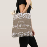 Maid of Honour Rustic Lace Burlap Custom Wedding Tote Bag<br><div class="desc">Your Maid of Honour will love this beautiful personalised tote bag featuring a rustic lace border set against a faux burlap background. Add your maid of honour's name and custom text to personalise. Perfect for carrying wedding essentials like make-up, shoes, clothing and more. Works well for rustic or country chic...</div>