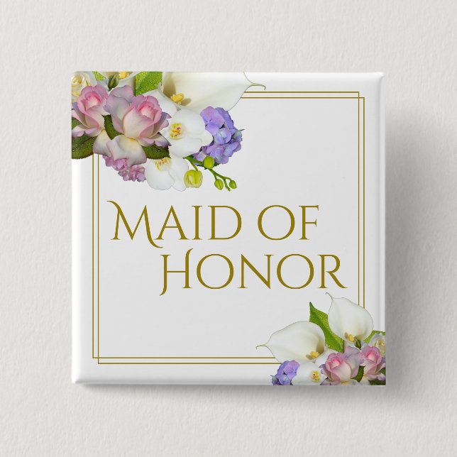 Maid of Honour Spring Floral Bouquet Wedding 15 Cm Square Badge (Front)
