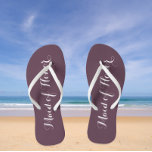 Maid of Honour Trendy Eggplant Colour Jandals<br><div class="desc">Gift your wedding bridesmaids with these stylish Maid of Honour flip flops that are a trendy eggplant colour along with white,  stylised script to complement your similar wedding colour scheme. Select foot size along with other options. You may customise your flip flops to change colour to your desire.</div>