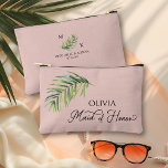 Maid of Honour Tropical Palm Leaf Any Colour Accessory Pouch<br><div class="desc">Bridal party gift to personalise for your bridesmaid - or anyone in your wedding party. Bridesmaid is lettered in swirly handwritten calligraphy and, you can easily switch this to a different role, by entering the design tool. The design features a watercolor tropical palm leaf which is also used in the...</div>