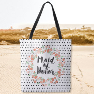 Maid of Honour Typography Coral Pink Rose Wreath Tote Bag