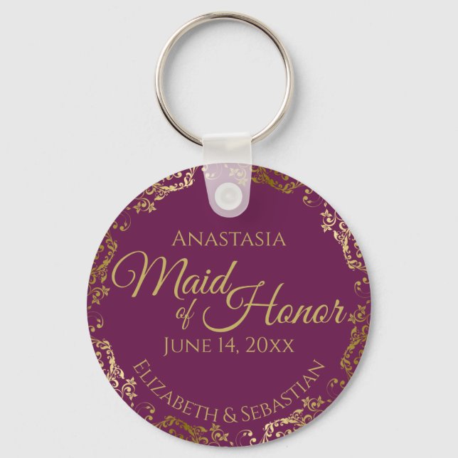 Maid of Honour Wedding Gift Cassis Purple & Gold Key Ring (Front)