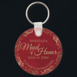 Maid of Honour Wedding Gift Elegant Gold on Red Key Ring<br><div class="desc">These keychains are designed to give as favours to the Maid of Honour in your wedding party. They feature a simple yet elegant design with a deep marbled crimson red coloured background, gold text, and a lacy golden faux foil floral border. The text reads "Maid of Honour" with space for...</div>