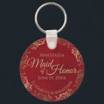 Maid of Honour Wedding Gift Elegant Gold on Red Key Ring<br><div class="desc">These keychains are designed to give as favours to the Maid of Honour in your wedding party. They feature a simple yet elegant design with a deep marbled crimson red coloured background, gold text, and a lacy golden faux foil floral border. The text reads "Maid of Honour" with space for...</div>