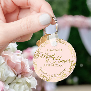 Maid of Honour Wedding Gift Gold Frills on Pink Key Ring