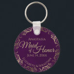 Maid of Honour Wedding Gift Plum Purple & Gold Key Ring<br><div class="desc">These keychains are designed to give as favours to the Maid of Honour in your wedding party. They feature a simple yet elegant design with a deep plum purple coloured background, gold text, and a lacy golden faux foil floral border. The text reads "Maid of Honour" with space for her...</div>