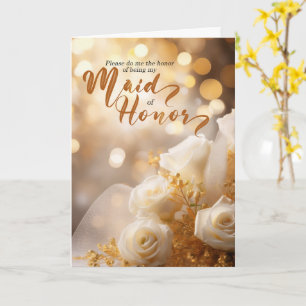 Maid of Honour Wedding Party Gold and White Roses Card