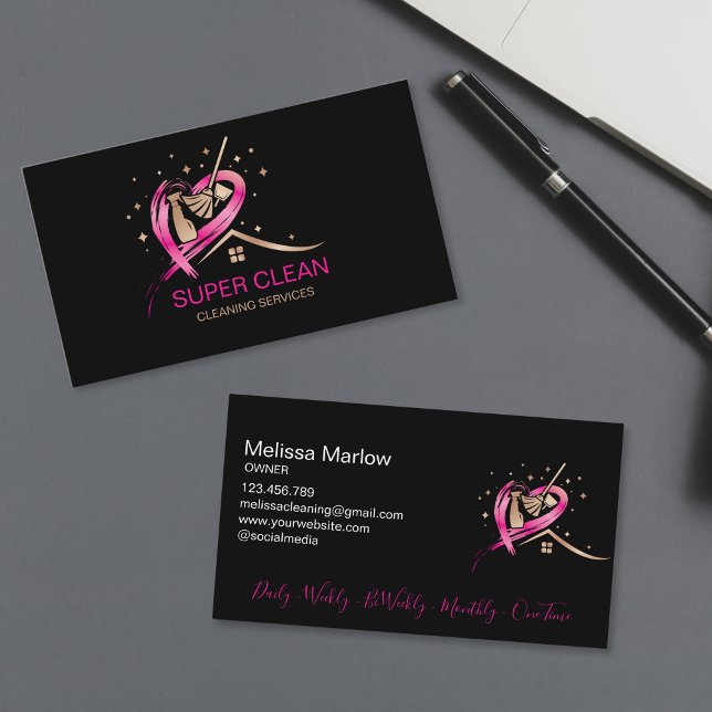 Maid Residential and Commercial Cleaning Duster Business Card (cleaning tools in a pink heart shape and gold roof on the black background)