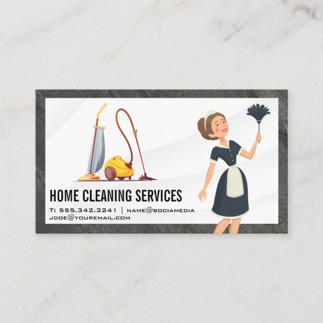 Maid with Broom | Cleaning Supplies Business Card (Front)
