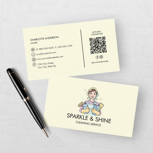 Maid Yellow House Cleaning Service QR Code Business Card (Creator Uploaded)