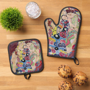 Maiden (Virgin), Gustav Klimt, Vintage Art Nouveau Oven Mitt & Pot Holder Set