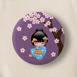 Maiko Kokeshi Doll - Blue Kimono Geisha Girl 6 Cm Round Badge