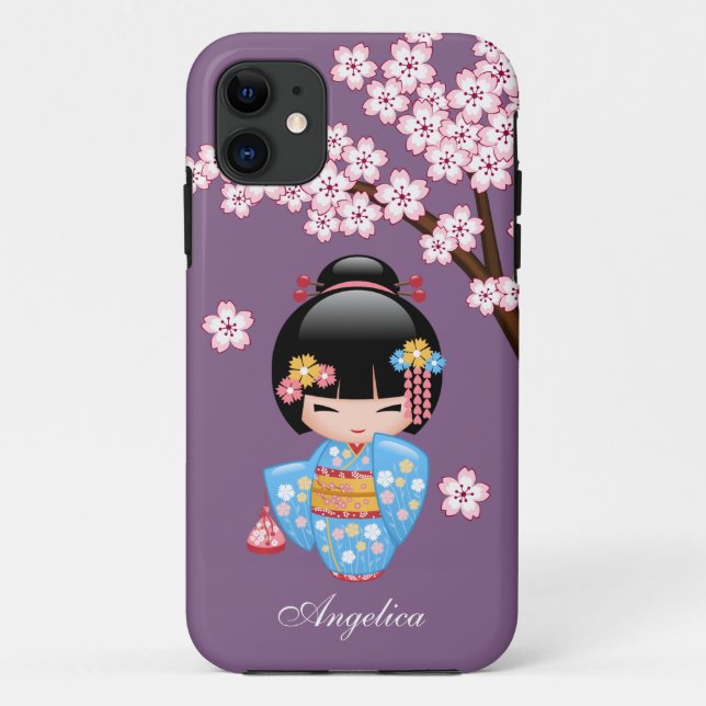 Maiko Kokeshi Doll - Blue Kimono Geisha Girl Case-Mate iPhone Case (Back)