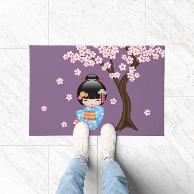 Maiko Kokeshi Doll - Blue Kimono Geisha Girl Doormat (Indoor)