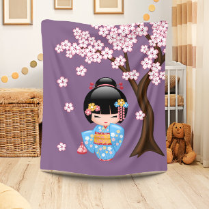 Maiko Kokeshi Doll - Blue Kimono Geisha Girl Fleece Blanket