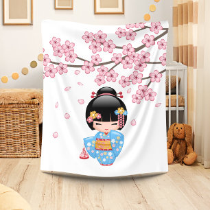Maiko Kokeshi Doll - Blue Kimono Geisha Girl Fleece Blanket