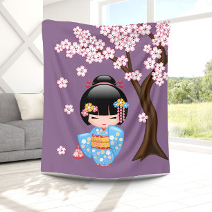 Maiko Kokeshi Doll - Blue Kimono Geisha Girl Fleece Blanket