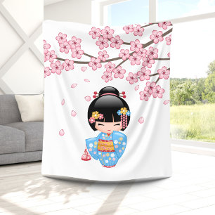 Maiko Kokeshi Doll - Blue Kimono Geisha Girl Fleece Blanket