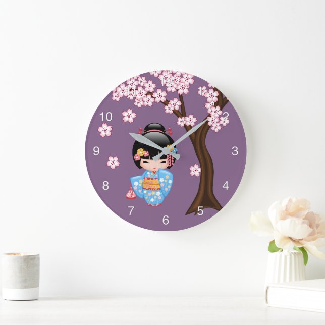Maiko Kokeshi Doll - Blue Kimono Geisha Girl Large Clock (Home)