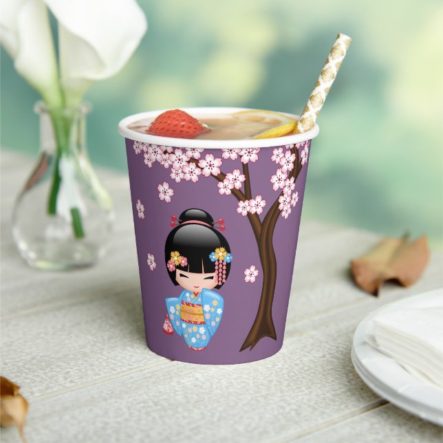 Maiko Kokeshi Doll - Blue Kimono Geisha Girl Paper Cups (Insitu)