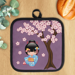 Maiko Kokeshi Doll - Blue Kimono Geisha Girl Pot Holder