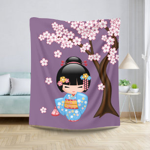 Maiko Kokeshi Doll - Blue Kimono Geisha Girl Sherpa Blanket
