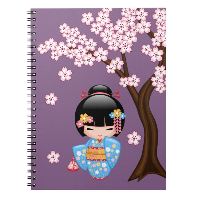 Maiko Kokeshi Doll - Blue Kimono Geisha Girl Spiral Notebook (Front)