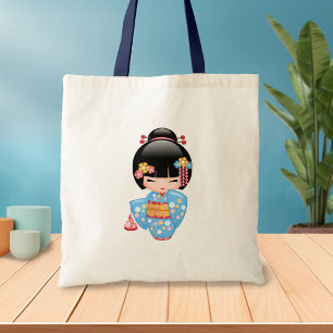 Maiko Kokeshi Doll - Blue Kimono Geisha Girl Tote Bag