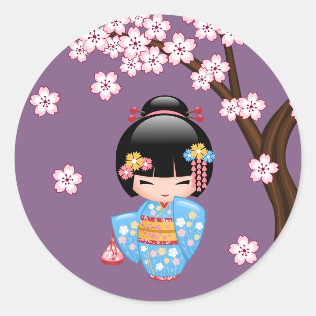 Maiko Kokeshi Doll Cute Geisha Girl Purple Classic Round Sticker (Front)