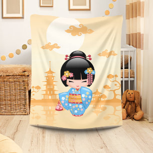 Maiko Kokeshi Doll Cute Geisha Girl Yellow Fleece Blanket