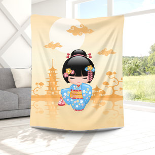 Maiko Kokeshi Doll Cute Geisha Girl Yellow Fleece Blanket