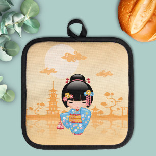 Maiko Kokeshi Doll Cute Geisha Girl Yellow Pot Holder