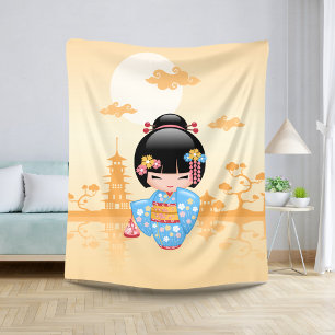 Maiko Kokeshi Doll Cute Geisha Girl Yellow Sherpa Blanket