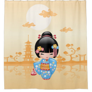 Maiko Kokeshi Doll Cute Geisha Girl Yellow Shower Curtain