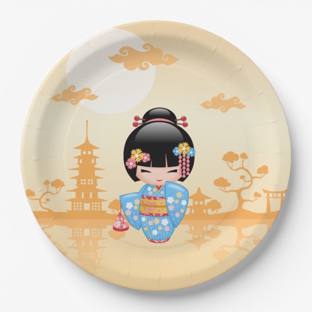 Maiko Kokeshi Doll - Cute Japanese Geisha Girl Paper Plate (Front)
