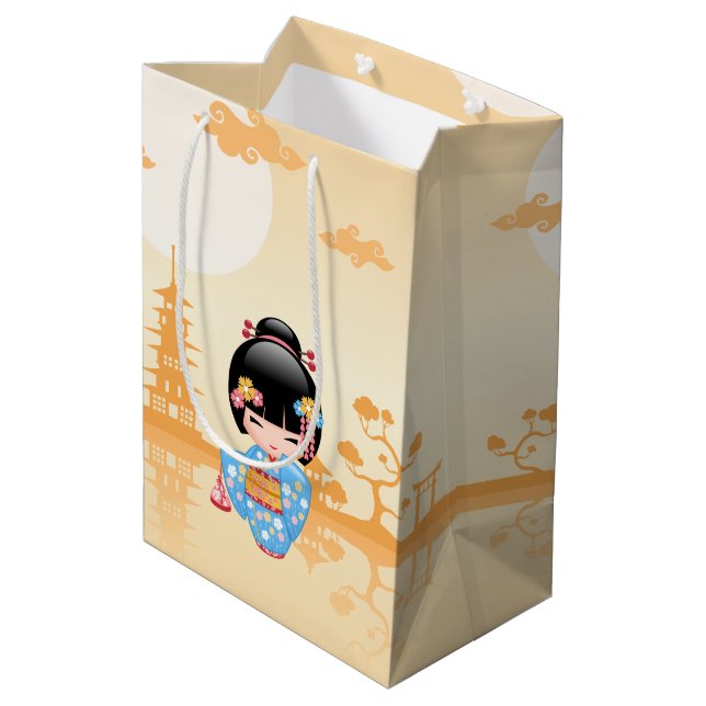 Maiko Kokeshi Doll Cute Japanese Geisha Yellow Medium Gift Bag (Back Angled)