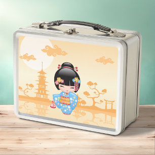 Maiko Kokeshi Doll Cute Japanese Geisha Yellow Metal Lunch Box