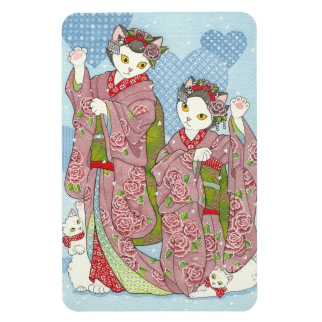 Maiko Maneki Neko Good Luck Kimono Cats Magnet (Vertical)