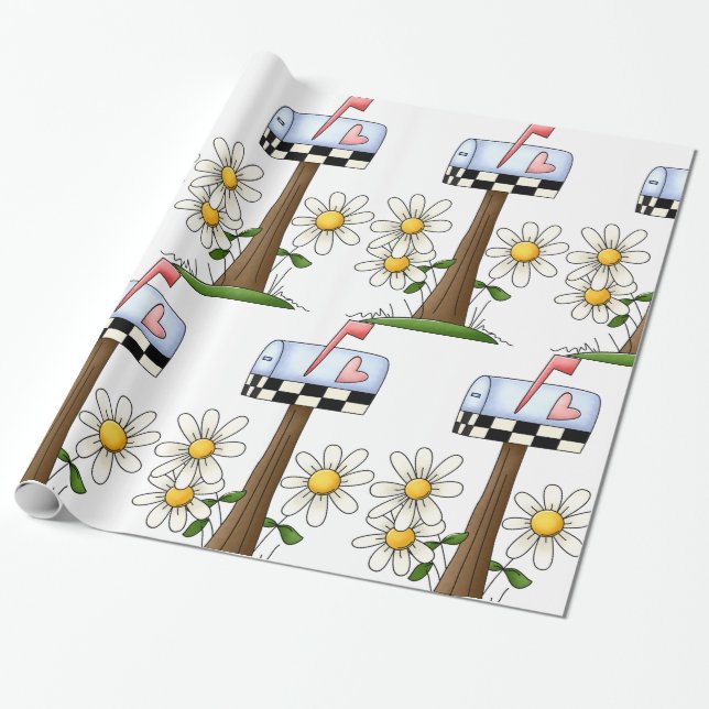 Mailbox with Daisies and Heart Flag Country Garden Wrapping Paper (Unrolled)