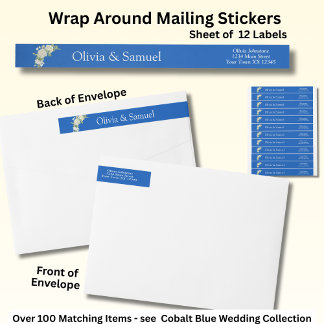 Mailing Stickers,  Cobalt Blue & White Roses Wrap Around Label