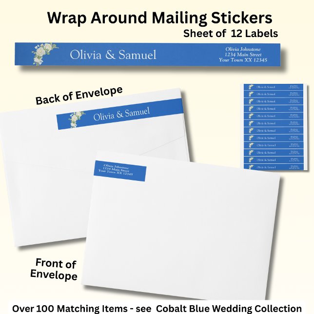 Mailing Stickers,  Cobalt Blue & White Roses Wrap Around Label (Creator Uploaded)