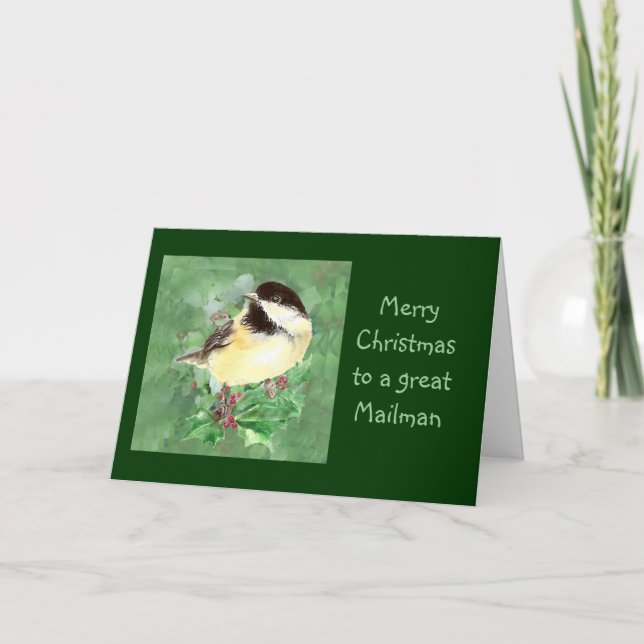Mailman Christmas Chickadee Bird Holly Nature Holiday Card (Front)